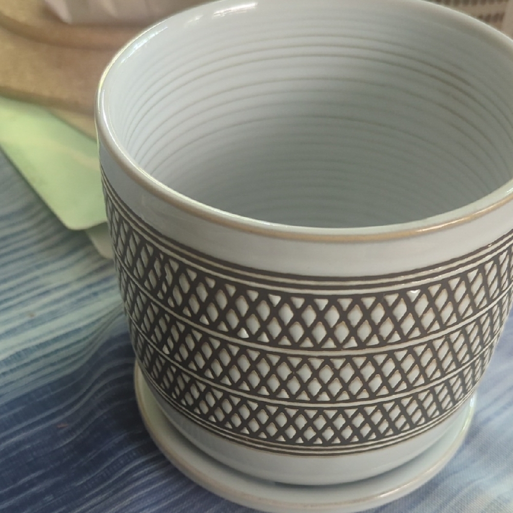 White and Brown Patterned Ceramic Planter
